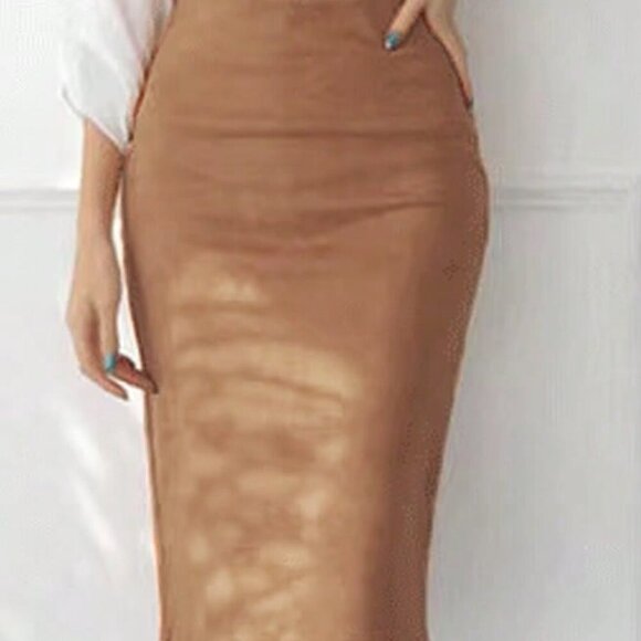 Khaki Casual Women's Faux Deerskin Velvet With Zipper Back Slit Skirt - Picture 2 of 7